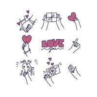 einstellen von Hand gezeichnet Gekritzel Liebe Elemente zum Valentinsgrüße Tag Karten, Aufkleber, dekorativ Design Elemente. vektor