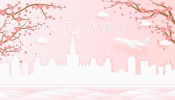 panorama resa vykort, affisch, Turné reklam av värld känd landmärken av Ottawa, vår säsong med blomning blommor i träd vektor