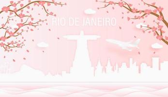 Panorama Reise Postkarte, Poster, Tour Werbung von Welt berühmt Sehenswürdigkeiten von Rio de Janeiro, Frühling Jahreszeit mit Blühen Blumen im Baum im Papier Schnitt Stil vektor