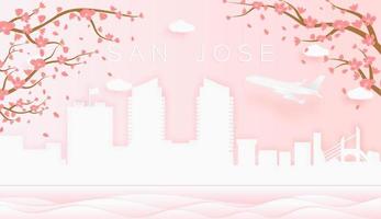 Panorama Reise Postkarte, Poster, Tour Werbung von Welt berühmt Sehenswürdigkeiten von san Josef, Frühling Jahreszeit mit Blühen Blumen im Baum vektor