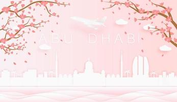 panorama resa vykort, affisch, Turné reklam av värld känd landmärken av abu dhabi, vår säsong med blomning blommor i träd i papper skära stil vektor ikon