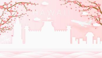 Panorama Reise Postkarte, Poster, Tour Werbung von Welt berühmt Sehenswürdigkeiten von Hawaii, Frühling Jahreszeit mit Blühen Blumen im Baum vektor