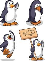 glücklicher springender Pinguinkarikaturmaskottchen trauriger Tiervektor-Zeichnungssatz vektor