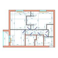 Zeichnung der Wohnung mit Abmessungen. Vektor Blaupause in Farben. zwei Zimmer, zwei Badezimmer und Toiletten, Küche, Eingangshalle und Loggia.