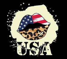 patriotisch Leopard drucken Lippen, Lippenstift Kuss mit USA Flagge und Tier drucken Textur, USA T-Shirt Design vektor