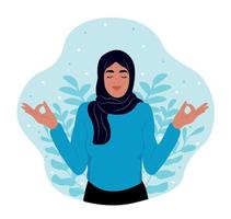 muslim kvinna mediterar med ögon stängd . internationell yoga dag. en kvinna är engagerad i henne favorit hobby. vektor