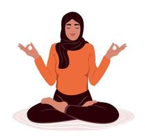 Alten Muslim Frau mit geschlossen Augen meditieren im Yoga Lotus Haltung. Stress Bewusstsein Monat. das Konzept von Zen und Harmonie. mental Gesundheit Bewusstsein Monat. vektor