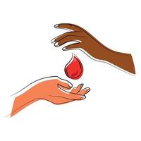 zwei Hände mit ein fallen von Blut Welt Blut Spender Tag Konzept Vektor Illustration. zwei Palmen von anders Haut Farben, afrikanisch amerikanisch und kaukasisch mit ein fallen von Blut im das Mitte.