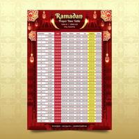 bön tid tabell mall i ramadan med röd och guld bakgrund vektor