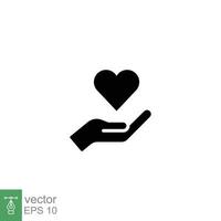 hjärta på hand ikon, familj och kärlek tecken, fast stil. hjälp begrepp. människor vård hand innehav tar vård. donera glyf, silhuett symbol. vektor illustration isolerat på vit bakgrund. eps 10.
