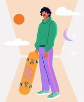 männlich voll Höhe Porträt mit ein groovig Hintergrund. Mann im Brille mit Skateboard. vektor