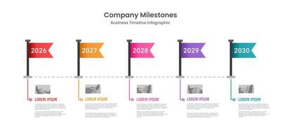 Unternehmen Meilensteine Zeitleiste Infografik mit Flaggen. Geschäft zu Erfolg. Vektor Illustration.