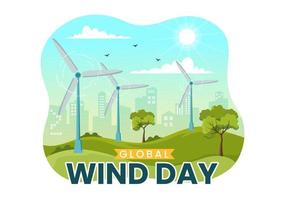 global vind dag vektor illustration på juni 15 med jord klot och vindar turbiner på blå himmel i platt tecknad serie hand dragen landning sida mallar