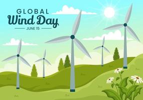 global Wind Tag Vektor Illustration auf Juni 15 mit Erde Globus und Winde Turbinen auf Blau Himmel im eben Karikatur Hand gezeichnet Landung Seite Vorlagen