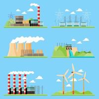 Vektor Illustration zeigen sauber und umweltschädlich Elektrizität Generation Produktion. Fabrik Leistung Generation, Kohle Pflanzen, nuklear Pflanzen, Wind Leistung, hydro Leistung