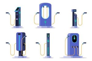 Auto Ladegerät. Laden Bahnhof zum elektrisch Wagen. Leistung liefern zum elektrisch Auto aufladen. Elektromobilität Emotion Konzept auf Weiß Hintergrund, Vektor Illustration