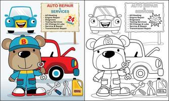 Färbung Buch von Karikatur süß Bär im Mechaniker Kostüm, Auto Reparatur Geschäft Elemente Karikatur vektor