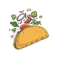 ritad för hand färgad skiss av taco på vit bakgrund. flygande Ingredienser. lök ringar, tomat, gurka, bönor, tortilla. snabb mat årgång illustration. vektor