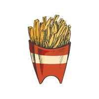 ritad för hand färgad skiss uppsättning av franska frites i en låda isolerat på vit bakgrund. snabb mat illustration. årgång teckning. bra för meny, affisch eller restaurang bakgrund. vektor