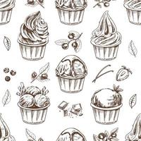 Vektor Jahrgang Eis Sahne nahtlos Muster. Hand gezeichnet einfarbig Illustration von Eis Sahne Bälle, gefroren Joghurt oder Cupcakes im Tassen, Blaubeeren, Erdbeeren, Vanille Schoten, Schokolade.