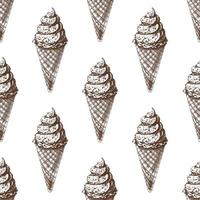 vektor årgång is grädde sömlös mönster. hand dragen svartvit illustration av våffla koner med frysta yoghurt eller mjuk is grädde. bra för meny, affisch eller restaurang bakgrund.