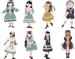 einstellen von süß Karikatur Mädchen im traditionell japanisch Kleidung. Vektor Illustration.
