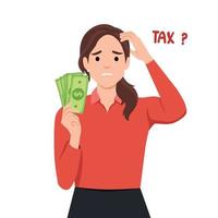 affärskvinna är förvirrad med beskatta dokument och på vilket sätt mycket hon har till betala för beskatta. vektor