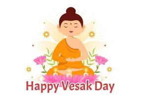 Vesak dag firande vektor illustration med tempel silhuett, lotus blomma, lykta eller buddha person i platt tecknad serie hand dragen mallar