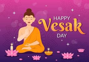 Vesak dag firande vektor illustration med tempel silhuett, lotus blomma, lykta eller buddha person i platt tecknad serie hand dragen mallar