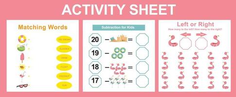 3 im 1 druckbar Aktivität Blatt zum Kinder. Aktivität Blatt zum Kinder. lehrreich druckbar Arbeitsblatt. Sommer- Arbeitsblatt Thema. vektor