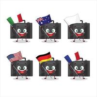 schwarz Koffer Karikatur Charakter bringen das Flaggen von verschiedene Länder vektor