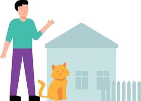 en pojke och en katt är stående utanför en hus. vektor