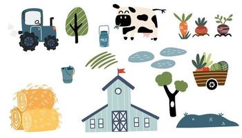 bruka uppsättning. lantlig hus, väderkvarn, traktor, hö, ko, träd och gröda. lantbruk samling, lantlig element. vektor tecknad serie illustration isolerat på de vit bakgrund.