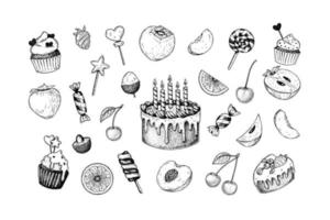 einstellen von Süßigkeiten und Früchte. Geburtstag Kuchen und andere Leckereien zum Kinder. Hand gezeichnet Vektor Illustration im skizzieren Stil