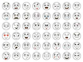 einstellen von Emoticons. Emoji. Karikatur Gesichter Satz. wütend, Lachen, lächelnd, Weinen, erschrocken und andere Ausdrücke. Lächeln Symbole. isoliert Vektor Illustration auf Weiß Hintergrund