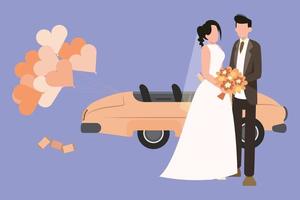 en bröllop par är stående Nästa till de bröllop bil. vektor