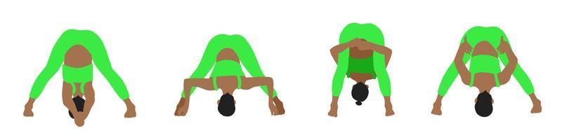flexibilitet yoga poser samling. afrikansk amerikan kvinna, lady, kvinna, flicka. meditation, pilates, mental hälsa, Träning Gym. vektor illustration i tecknad serie platt stil isolerat på vit bakgrund.