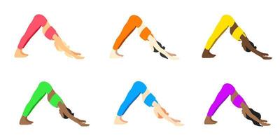 Flexibilität Yoga posiert Sammlung. europäisch, afrikanisch, asiatisch weiblich, Dame, Frau, Mädchen. Pilates, mental Gesundheit, Ausbildung, Fitnessstudio. Vektor Illustration im Karikatur eben Stil isoliert auf Weiß Hintergrund.