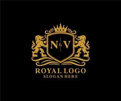 Anfangsnv-Buchstabe Lion Royal Luxury Logo-Vorlage in Vektorgrafiken für Restaurant, Lizenzgebühren, Boutique, Café, Hotel, heraldisch, Schmuck, Mode und andere Vektorillustrationen. vektor