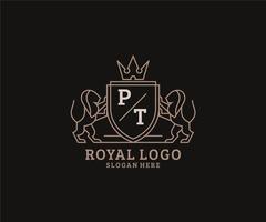 första pt brev lejon kunglig lyx logotyp mall i vektor konst för restaurang, kungligheter, boutique, Kafé, hotell, heraldisk, Smycken, mode och Övrig vektor illustration.