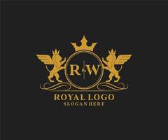 första rw brev lejon kunglig lyx heraldisk, vapen logotyp mall i vektor konst för restaurang, kungligheter, boutique, Kafé, hotell, heraldisk, Smycken, mode och Övrig vektor illustration.
