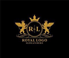 första rl brev lejon kunglig lyx heraldisk, vapen logotyp mall i vektor konst för restaurang, kungligheter, boutique, Kafé, hotell, heraldisk, Smycken, mode och Övrig vektor illustration.