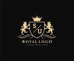 första su brev lejon kunglig lyx heraldisk, vapen logotyp mall i vektor konst för restaurang, kungligheter, boutique, Kafé, hotell, heraldisk, Smycken, mode och Övrig vektor illustration.