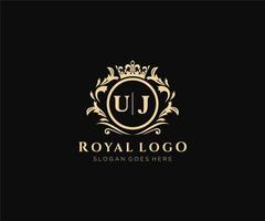 första uj brev lyxig varumärke logotyp mall, för restaurang, kungligheter, boutique, Kafé, hotell, heraldisk, Smycken, mode och Övrig vektor illustration.