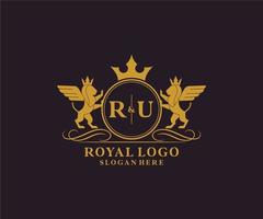 första ru brev lejon kunglig lyx heraldisk, vapen logotyp mall i vektor konst för restaurang, kungligheter, boutique, Kafé, hotell, heraldisk, Smycken, mode och Övrig vektor illustration.