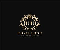 första U u brev lyxig varumärke logotyp mall, för restaurang, kungligheter, boutique, Kafé, hotell, heraldisk, Smycken, mode och Övrig vektor illustration.