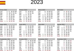 år 2023 kalender i spanska med Spanien högtider vektor