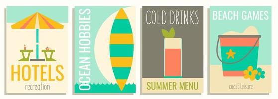 samling av sommar aktiviteter affischer, vertikal vektor banderoller med fritid och sommar hobbyer.