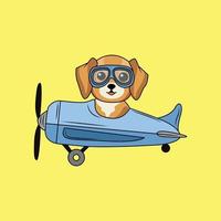 süß Hund Pilot Hund mit Flugzeug Karikatur Aufkleber Vektor Illustration