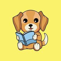 süß Hund lesen Buch Karikatur Aufkleber Vektor Illustration